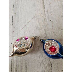 Vintage Mercury glass indent teardrop blue striped flocked ornament Xmas tree